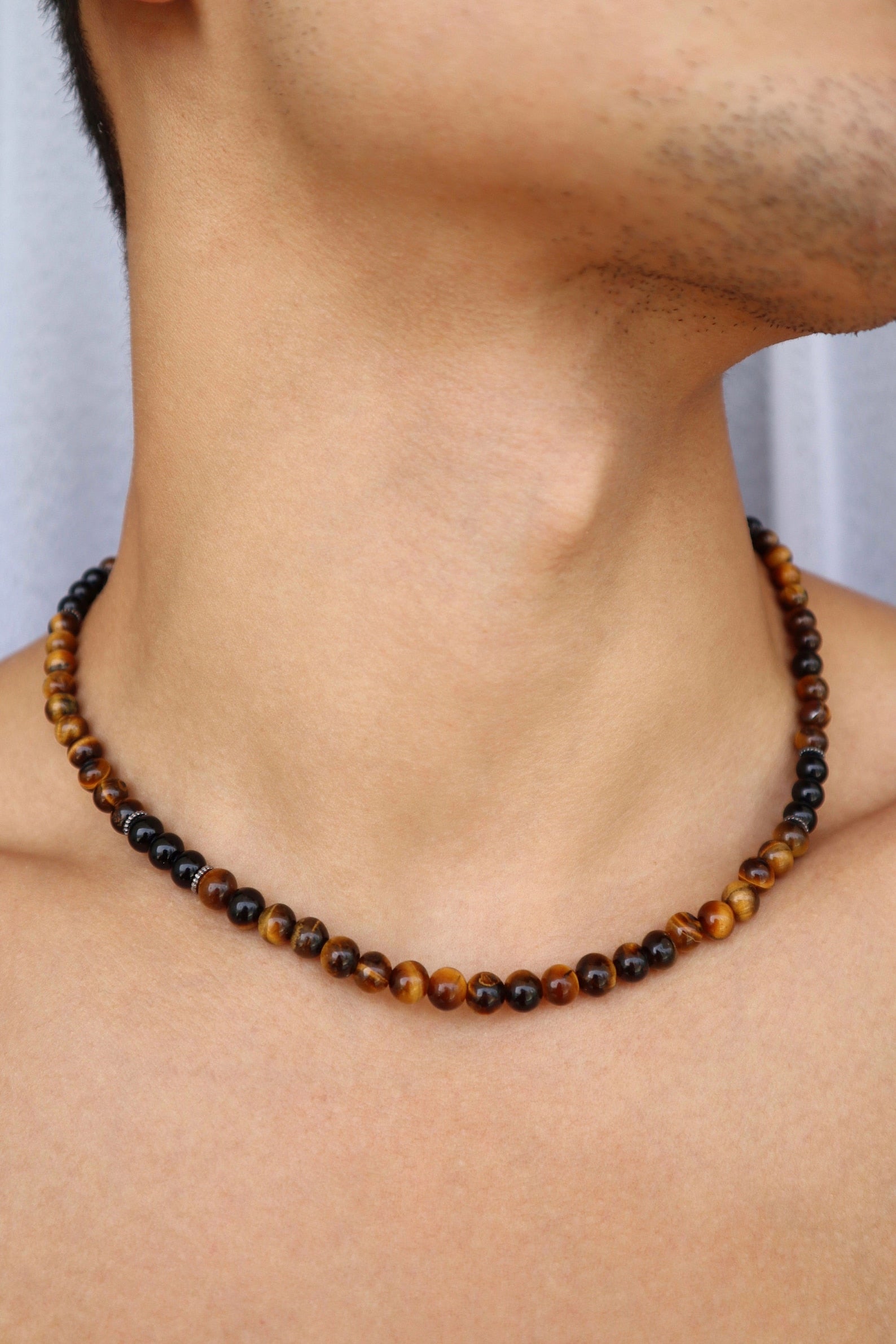 Mens Tiger’s Eye & shiny Onyx beaded Necklace | 925 Sterling Silver - Nalika Jewelry