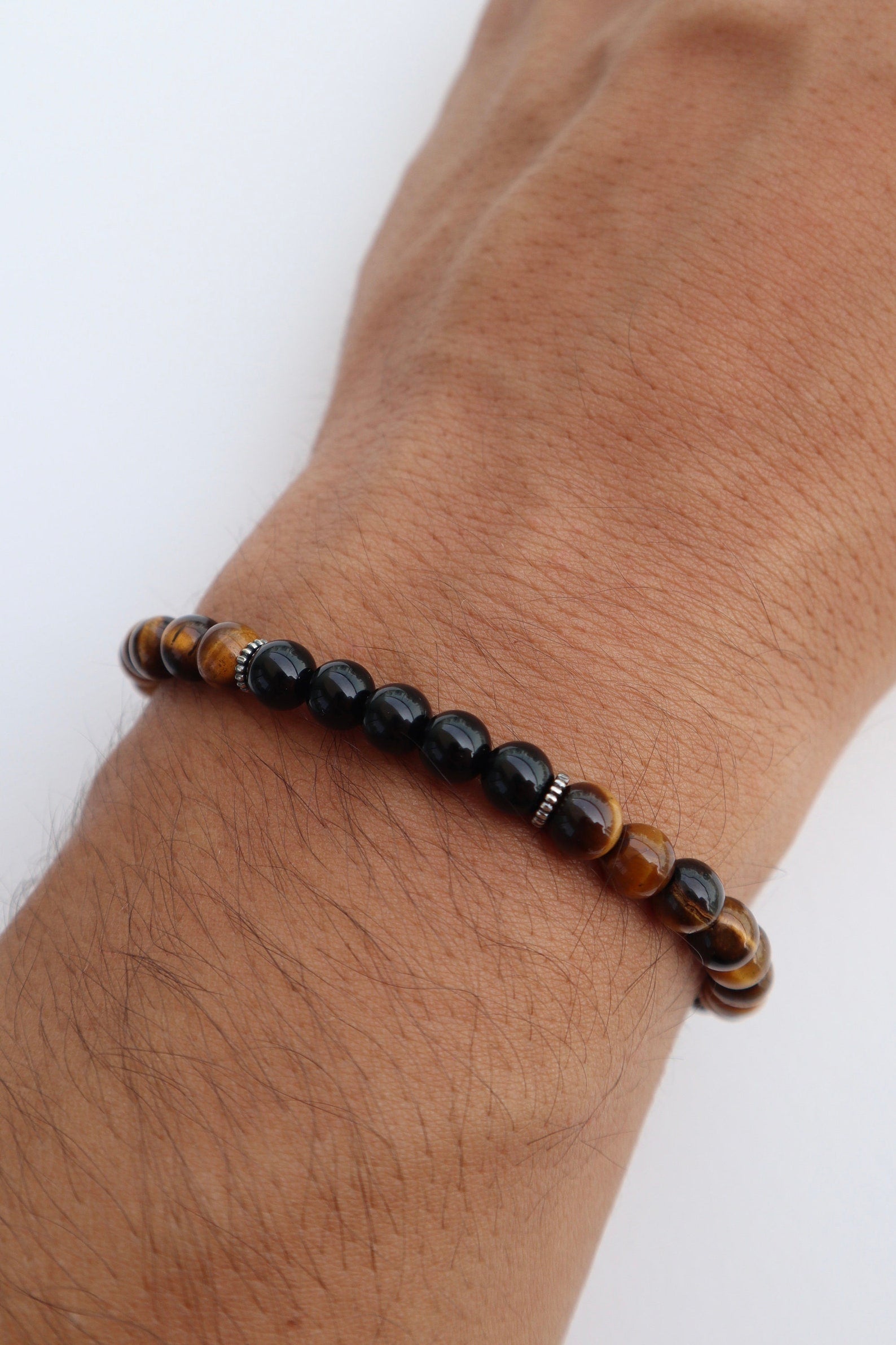 Mens Tiger’s Eye & shiny Onyx beaded Bracelet | 925 Sterling Silver - Nalika Jewelry