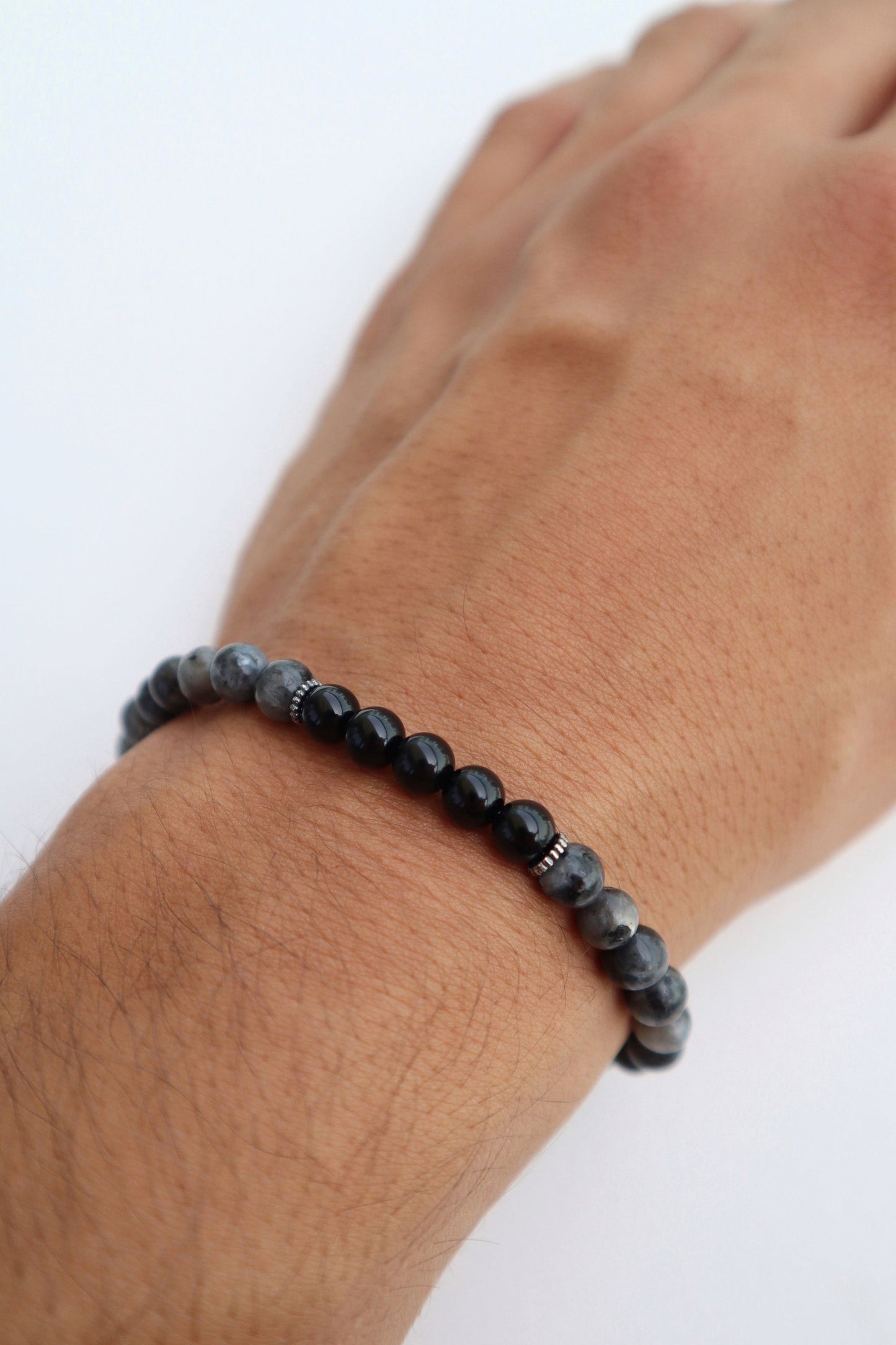 Mens Labradorite & Onyx beaded Bracelet | 925 Sterling Silver - Nalika Jewelry