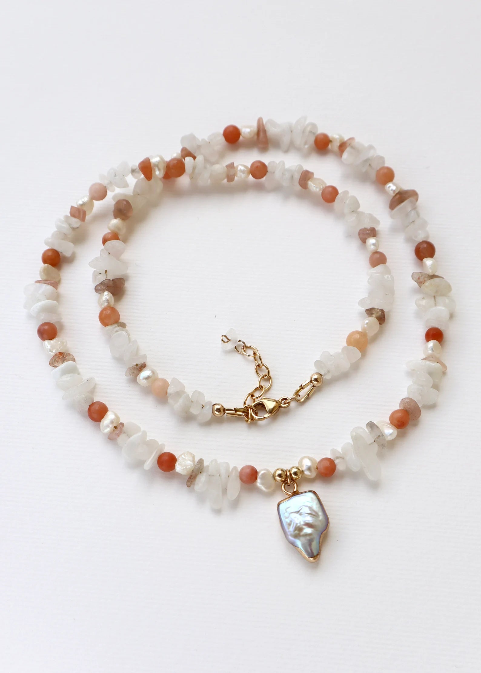 Moonstone & Red Aventurine | Freshwater Pearls | Mother of Pearl Pendant | 14K Gold-Filled - Nalika Jewelry