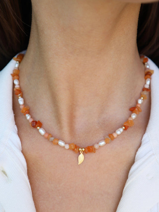 Red Aventurine Necklace | Freshwater Pearl | 14k Gold-Filled | Leaf Charm - Nalika Jewelry