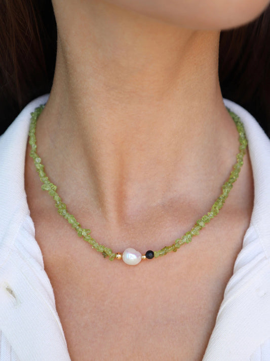 Peridot Necklace | Freshwater Pearl | Gold-Filled | Indian Agate Detail - Nalika Jewelry
