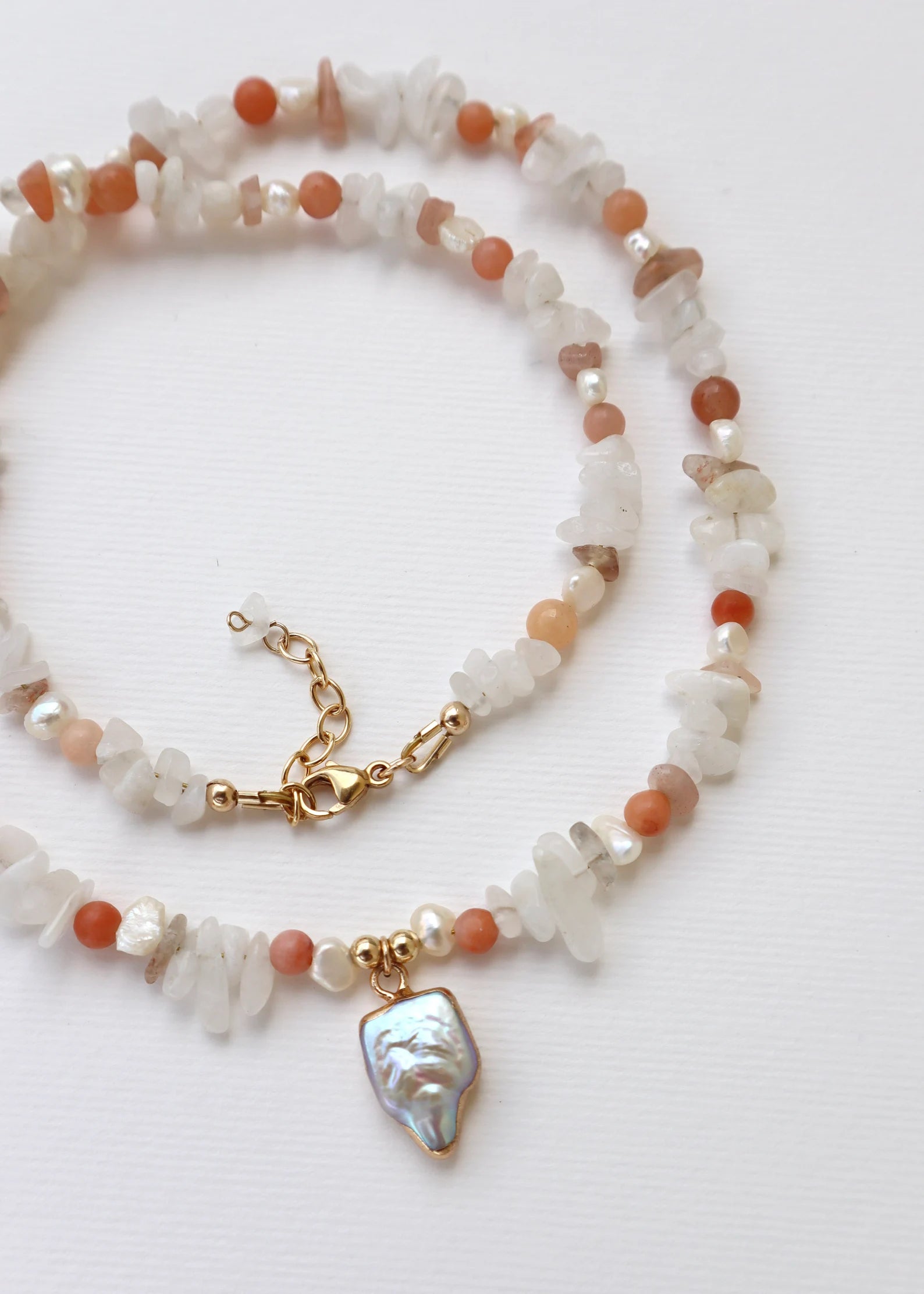 Moonstone & Red Aventurine | Freshwater Pearls | Mother of Pearl Pendant | 14K Gold-Filled - Nalika Jewelry