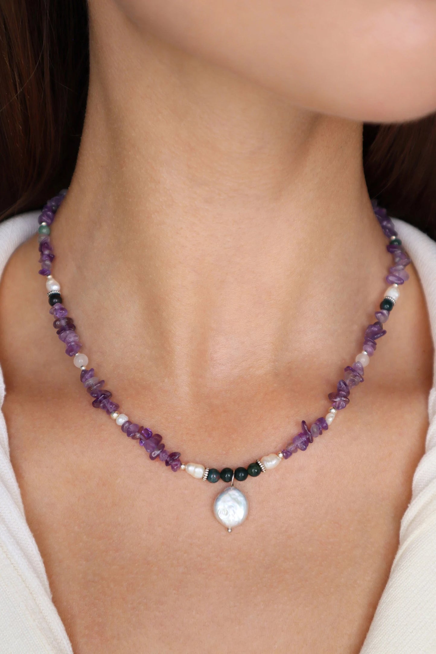 Amethyst & Indian Agate Necklace | Freshwater Pearls | 925 Sterling Silver | Gemstone Jewelry - Nalika Jewelry