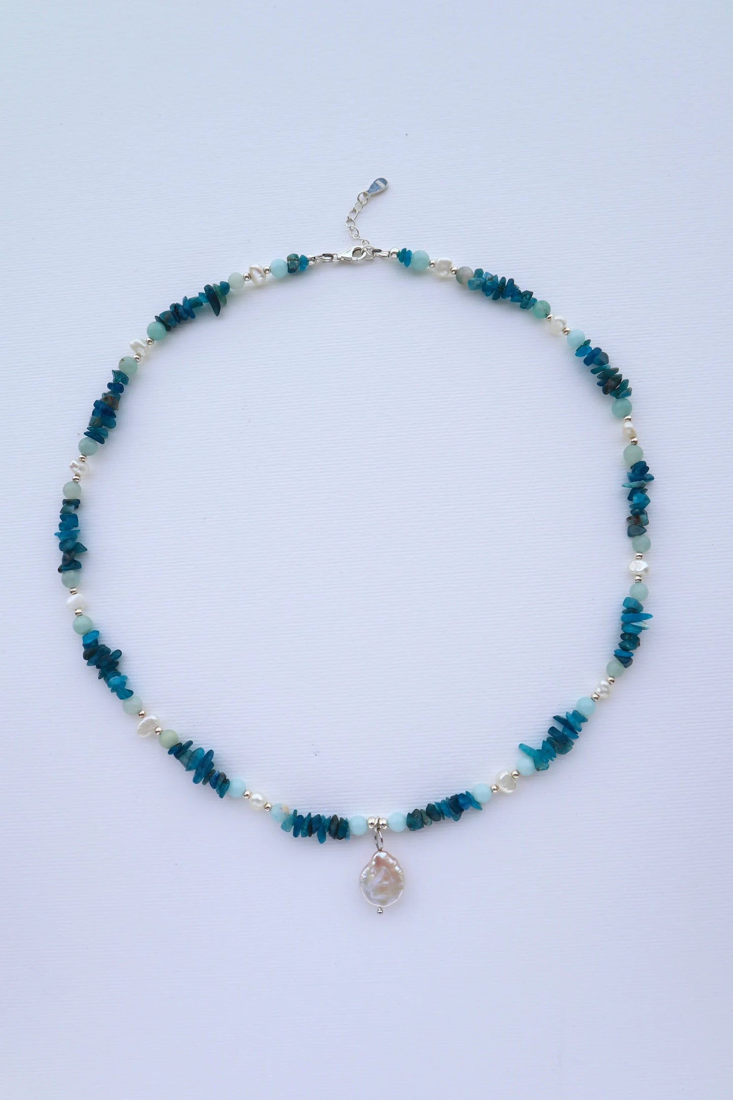 Aquamarine & Amazonite Necklace | Freshwater Pearls | 925 Sterling Silver - Nalika Jewelry