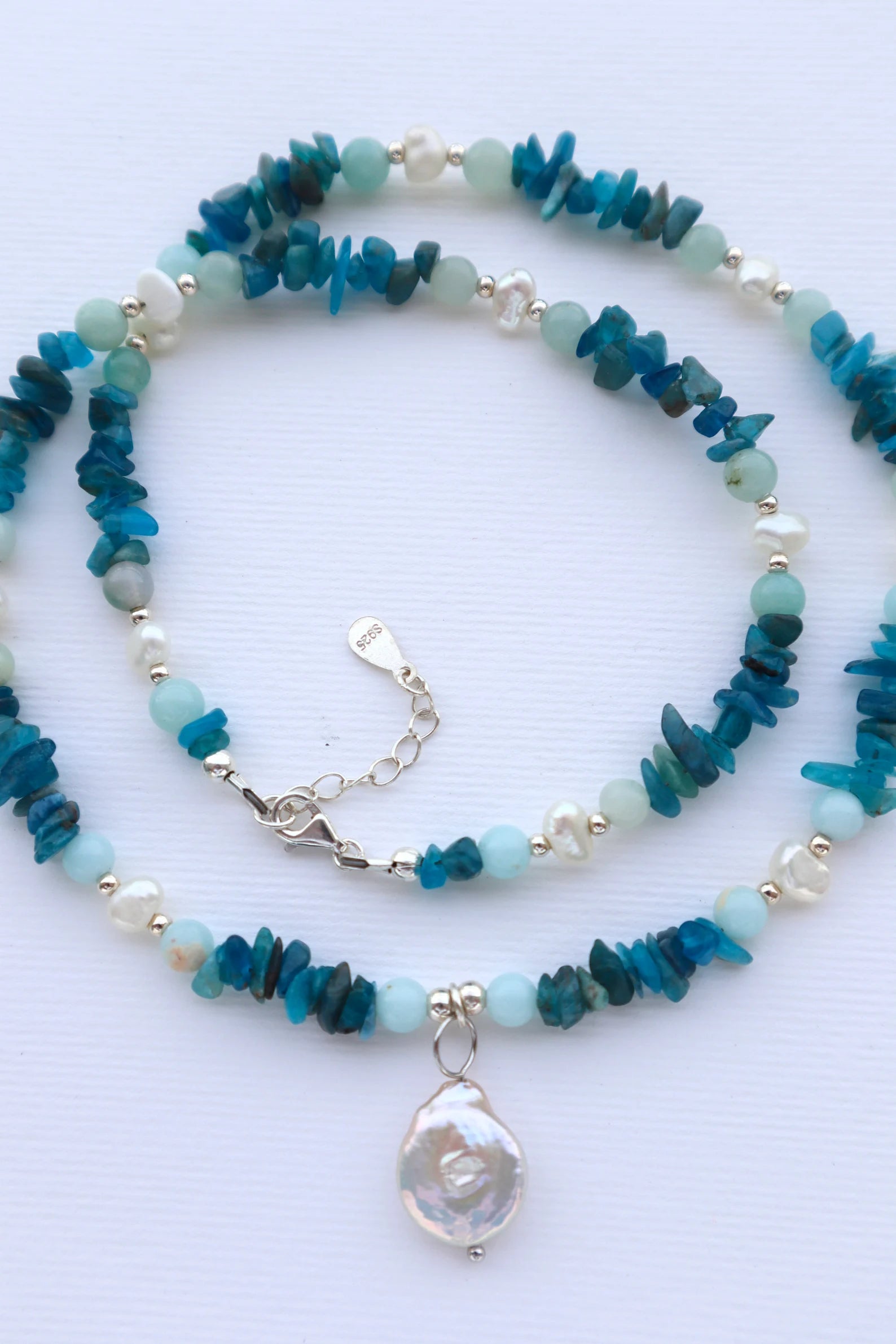 Aquamarine & Amazonite Necklace | Freshwater Pearls | 925 Sterling Silver - Nalika Jewelry