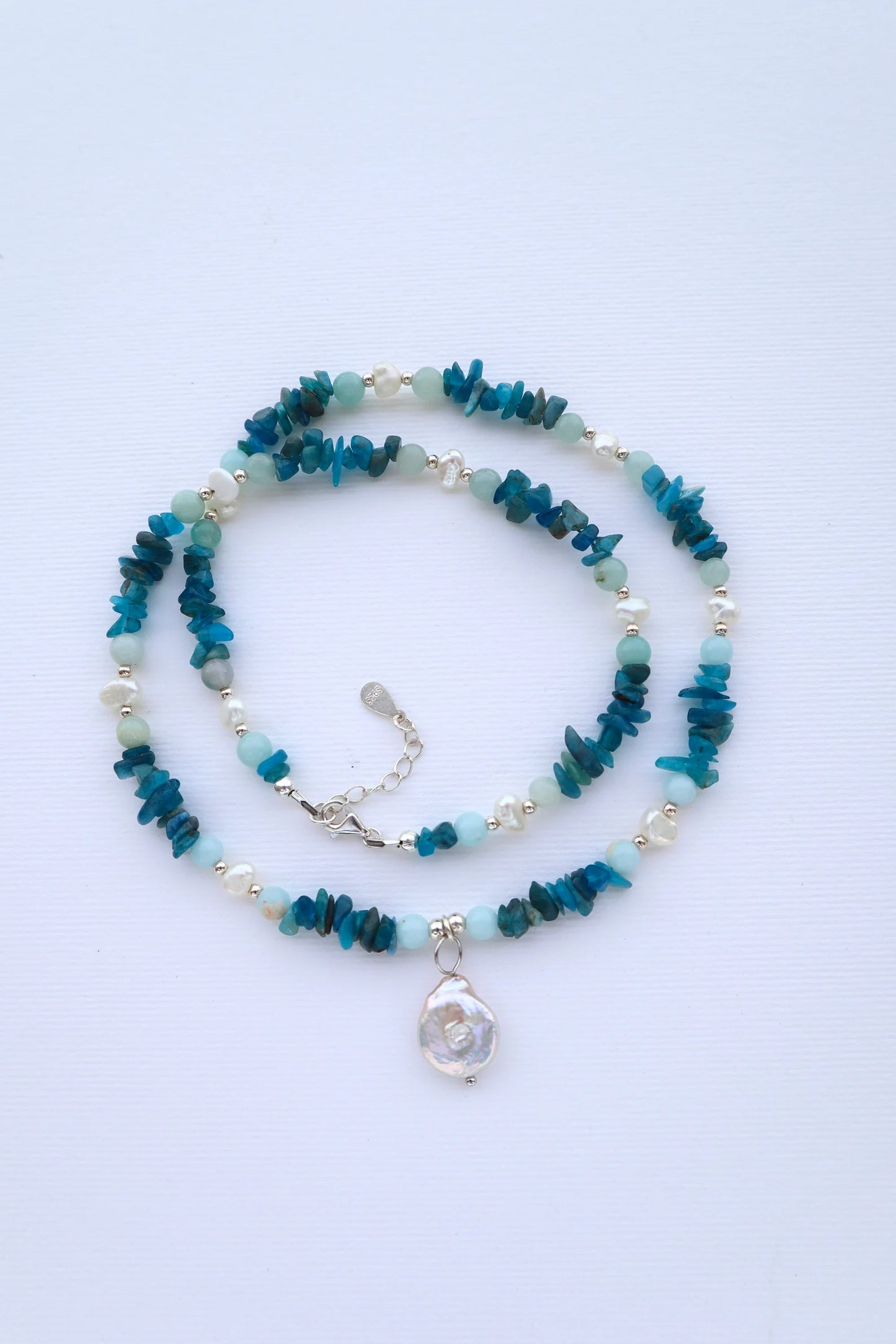 Aquamarine & Amazonite Necklace | Freshwater Pearls | 925 Sterling Silver - Nalika Jewelry