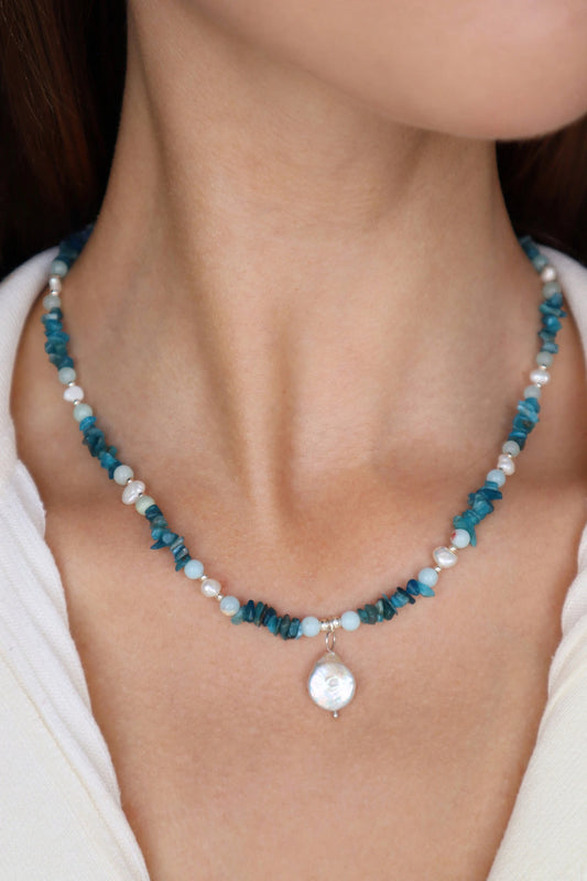 Aquamarine & Amazonite Necklace | Freshwater Pearls | 925 Sterling Silver - Nalika Jewelry