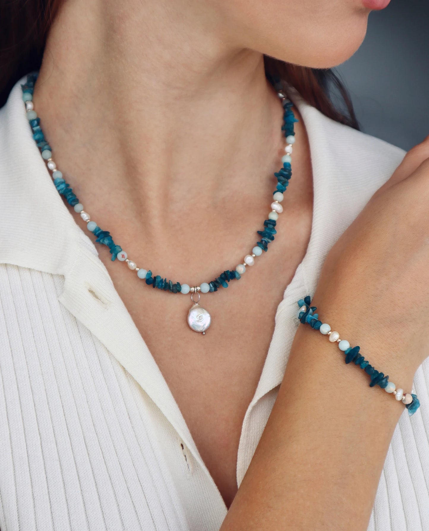 Aquamarine & Amazonite Necklace | Freshwater Pearls | 925 Sterling Silver - Nalika Jewelry